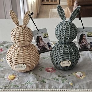 RAE DUNN Happy Easter & Happy Spring Wicker Natural Living Bunny Set *NWT*